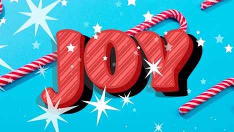 animation of joy text over stars falling and candy canes on blue background at christmas