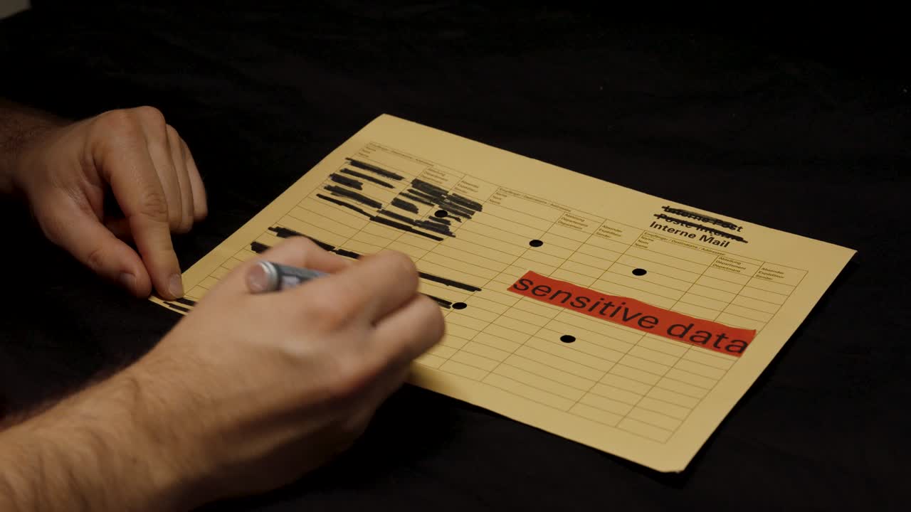 A person uses a black marker to redact confidential information on a document labeled “sensitive data,” emphasizing privacy protection and data security
