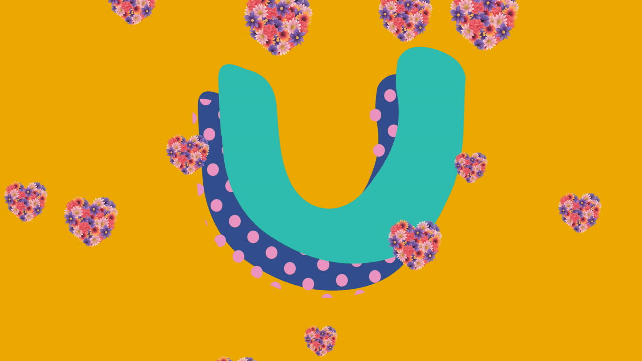 Animazione di illustrazione di forma a pois blu e rosa, con cuori floreali su sfondo giallo