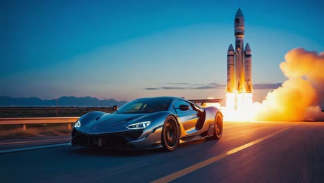 futuristic supercar with a rocket launch background