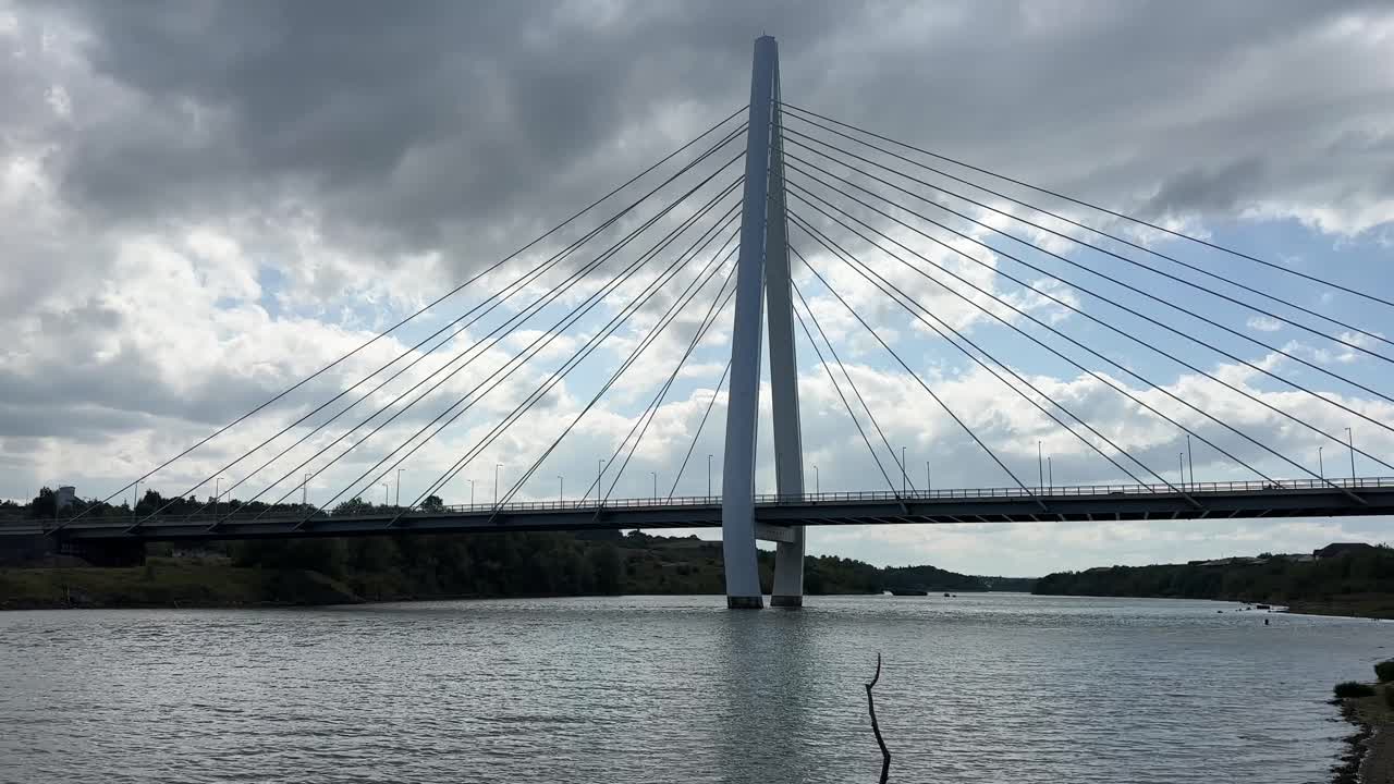 Northern spire tall big white bridge north east sunderland england river wear tyne drone aerial view