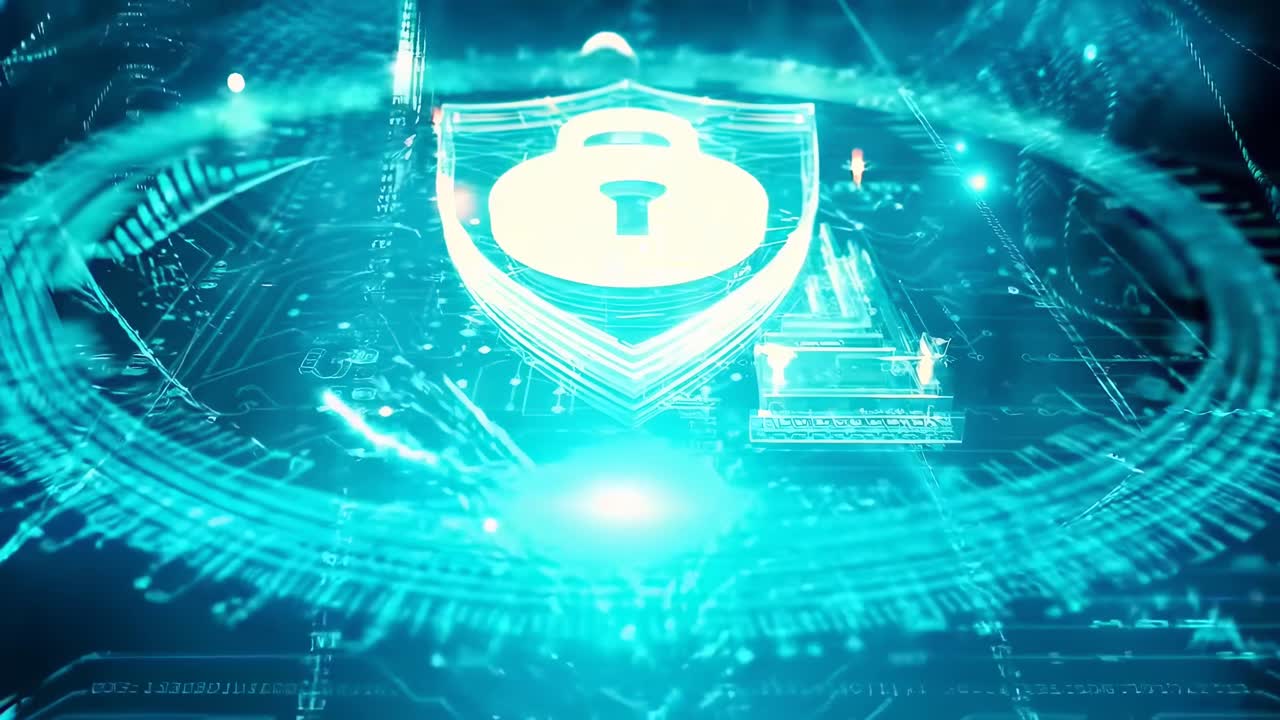 Futuristic video concept of cybersecurity with a glowing lock and shield, top-down angle
