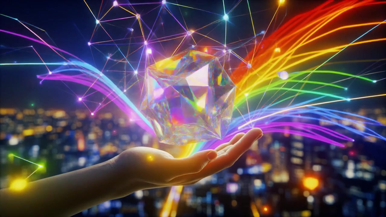 Hand Holding Glowing Geometric Crystal with Digital Network and Rainbow Light Trails