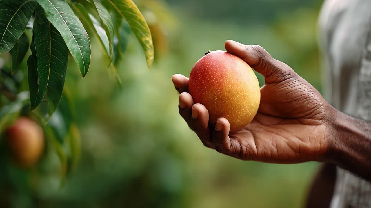 A Close-Up of a Hand Holding a Ripe, Juicy Mango Amidst a Lush Green Background, Showcasing the Vibrant Colors and Texture of the Fruit Perfectly Ripened for Enjoyment and Consumption
