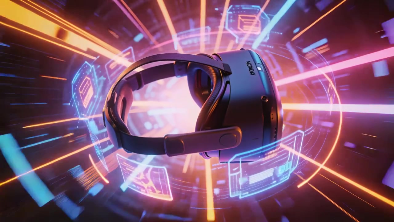 Presentazione di un visore VR che si avvia e ruota, mostrando lenti e cinturino in uno studio con anelli al neon e pannelli UI.