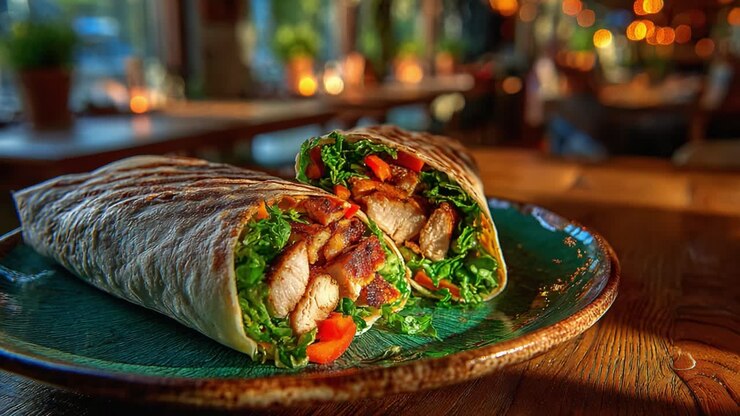 A Delicious Wrap Featuring Grilled Chicken, Fresh Vegetables, and Leafy Greens on a Rustic Plate with a Warm Ambiance Surrounding the Table Setting