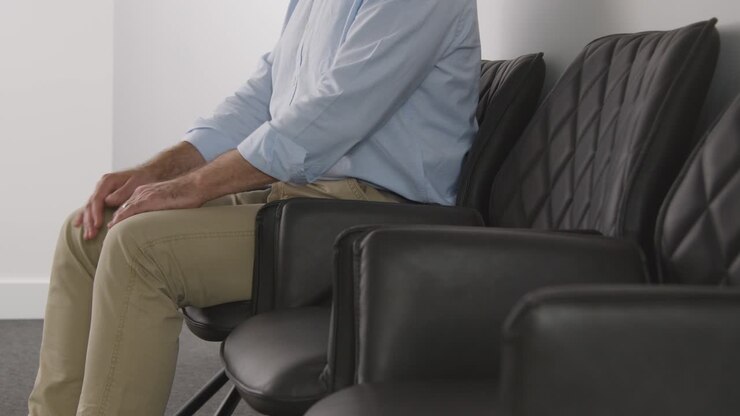 Close Up Of Mature Man Sitting In Reception Chair For Appointment In Surgery Or Hospital Waiting Room Or Job Interview