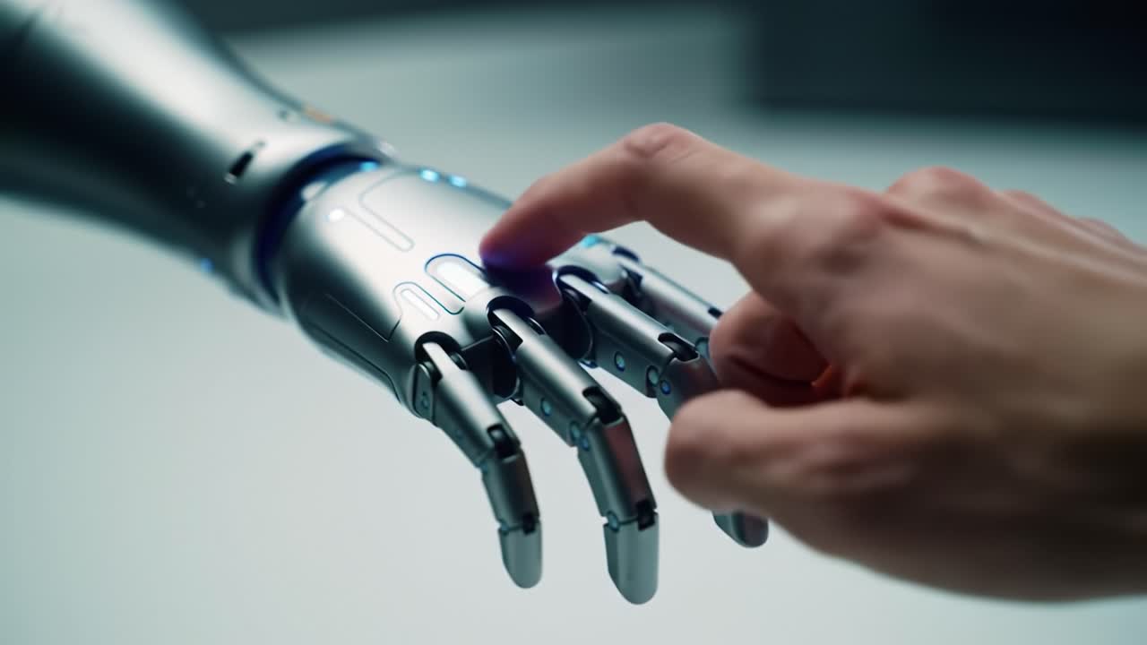 Exploring the Future of Robotics: A Human Finger Touching an Advanced Robotic Hand with Glowing Elements, Signifying Innovation in AI and Human-Machine Interaction