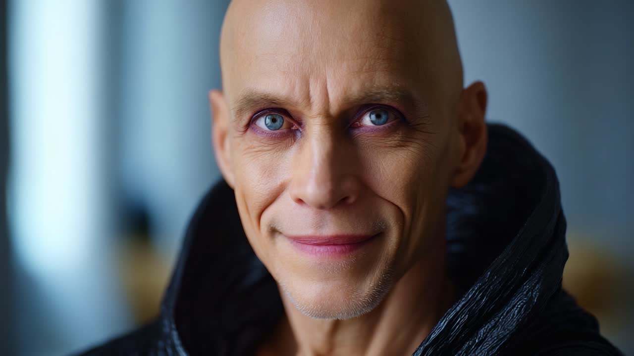 A captivating close-up of a charismatic individual with striking features and an intense gaze, evoking a sense of mystery and intrigue in each glance