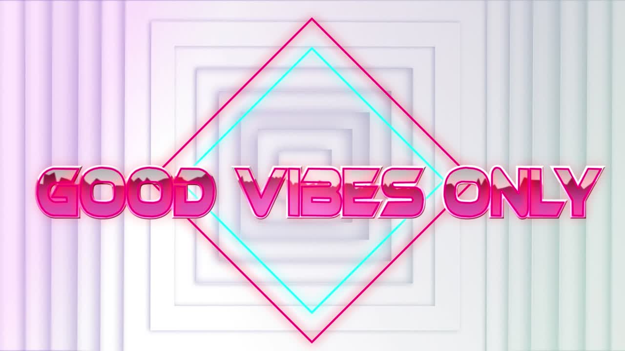 Animazione di un testo con scritto “good vibes only” su quadrati su sfondo bianco