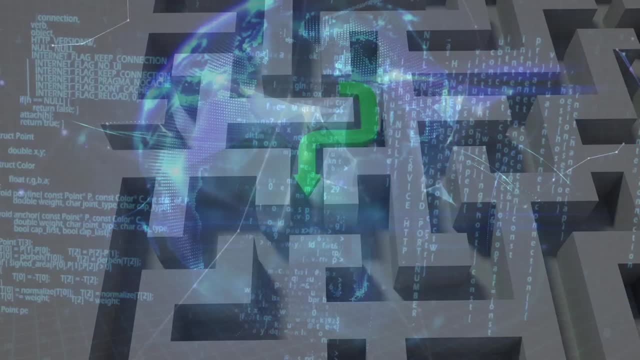 animación de flecha, laberinto, red de conexiones y globo giratorio en el espacio naval