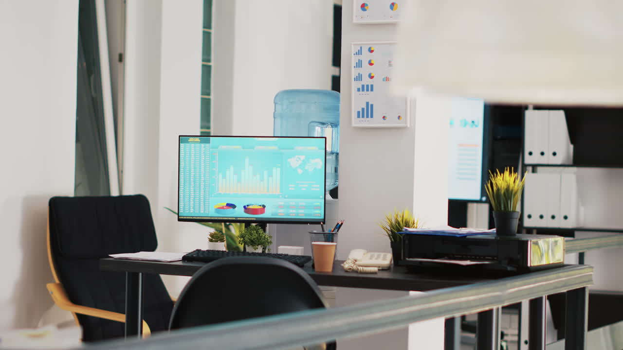 Pc screen in company office showing trading platform and pie charts graphs