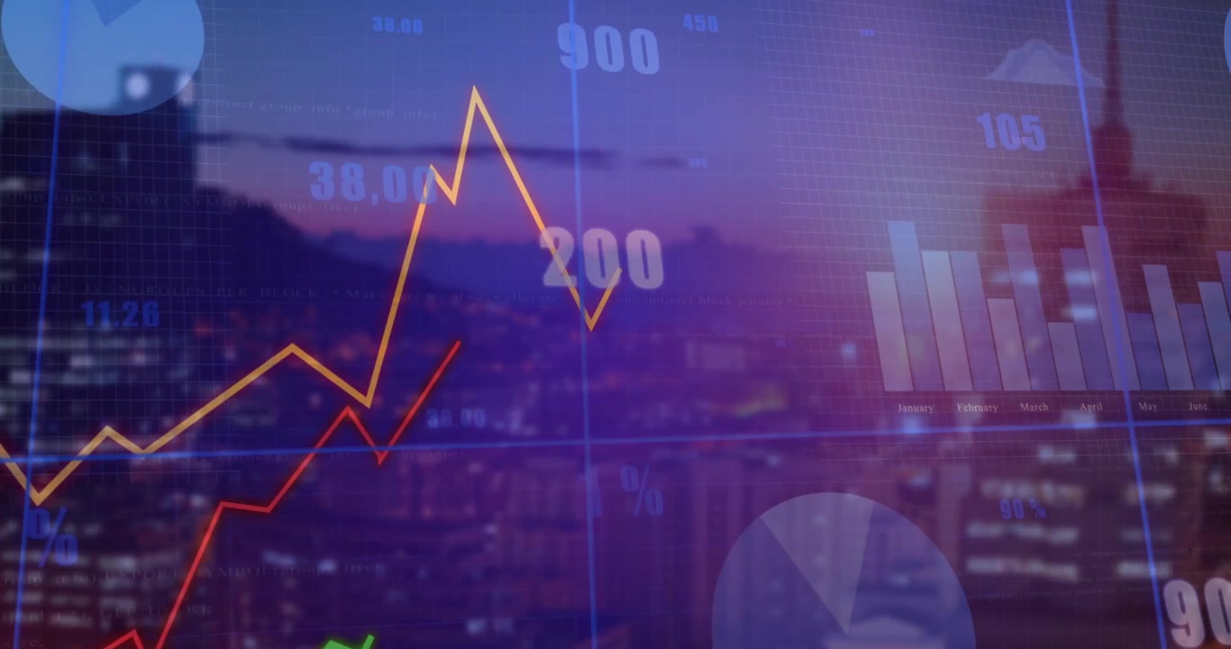 Gráfico de barras apareciendo gradualmente con líneas naranjas y rojas dibujando valores que representan tendencias del mercado al anochecer.
