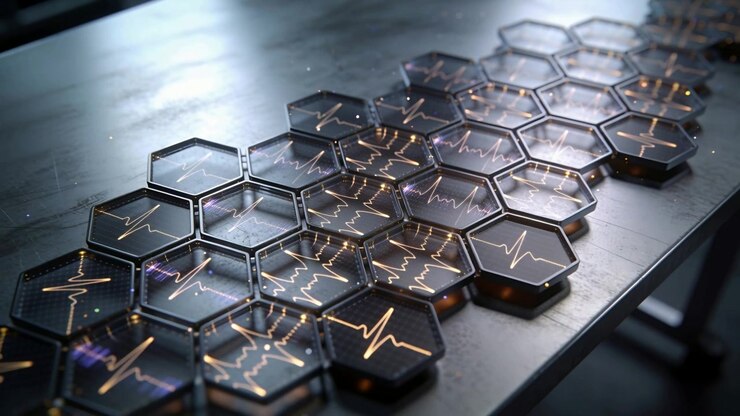 Pulsing hex glass modules reacting to camera pan on metal bench, showing orange ECG, purple sparks