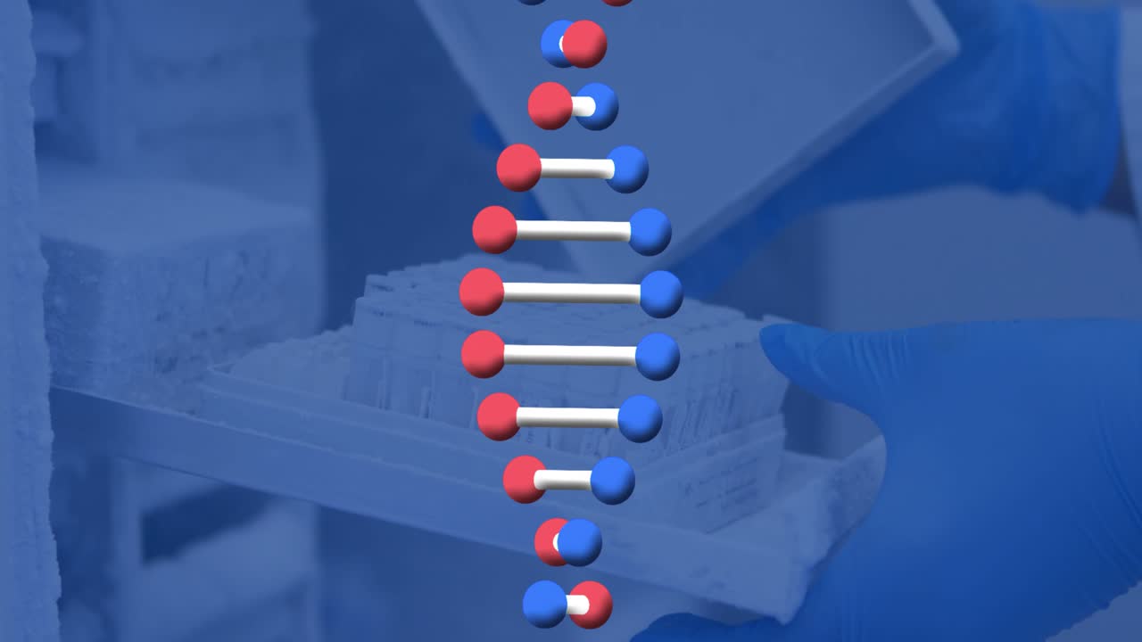 Animazione dell'elaborazione di dati scientifici di una doppia elica di DNA su uno scienziato in laboratorio.