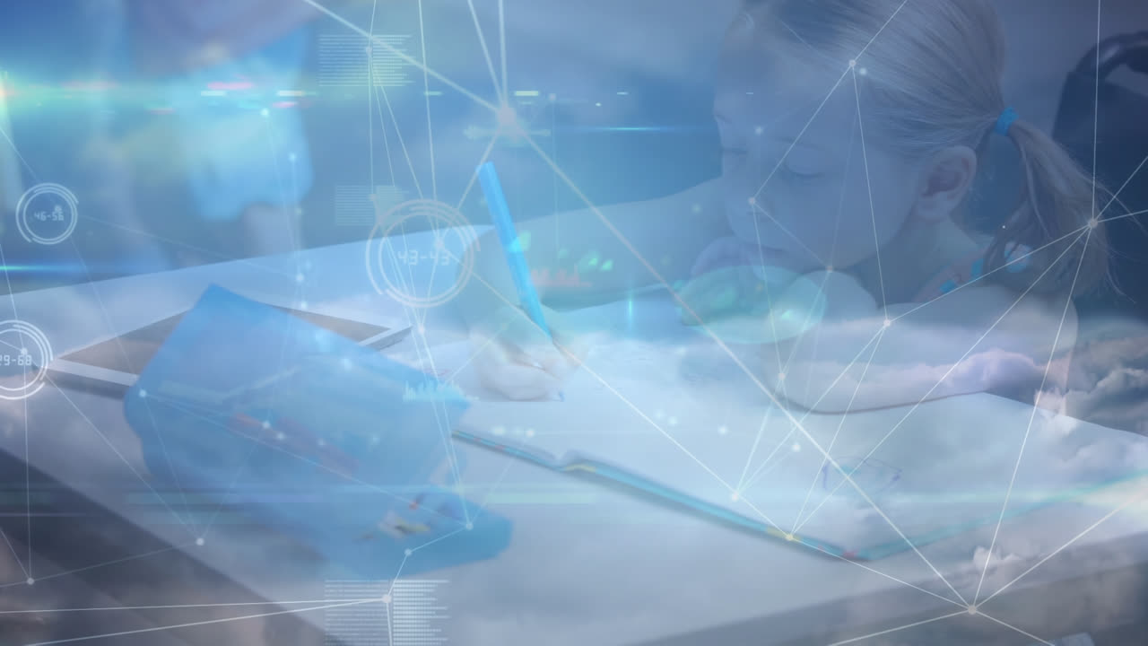 백인 여학생에 대한 데이터 처리 연결 네트워크의 애니메이션