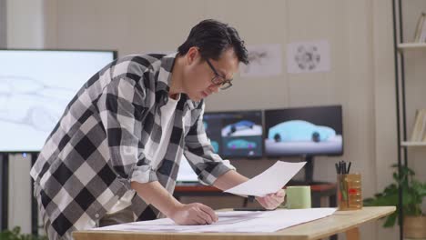 side view of asian male organizing papers while working about car design sketch on table in the studio with tv and computers display 3d electric car model