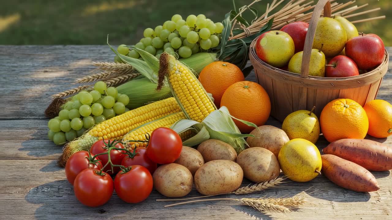 A vibrant and colorful harvest display features an array of fresh fruits and vegetables, attracting visitors at a charming farm market during the beautiful autumn season