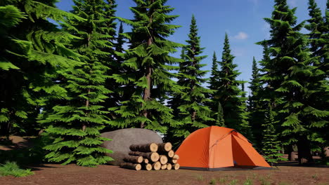 campsite in a pine forest with an orange tent and logs