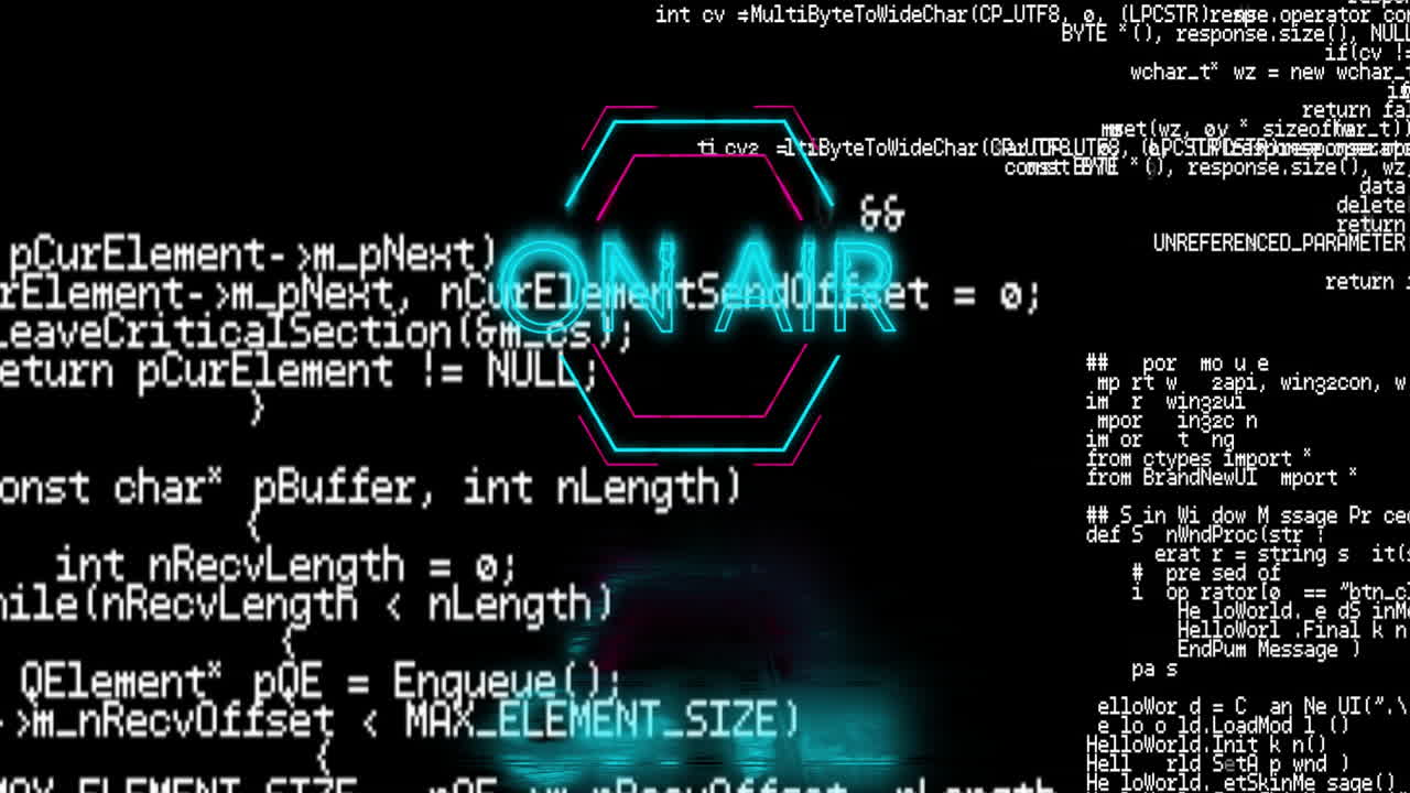 ON AIR text animation over programming code on black background