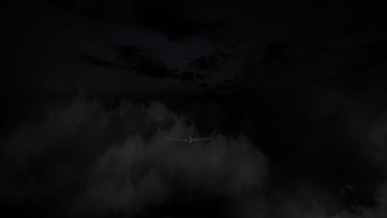 Airplane Flying In Night Dark Cinematic Clouds