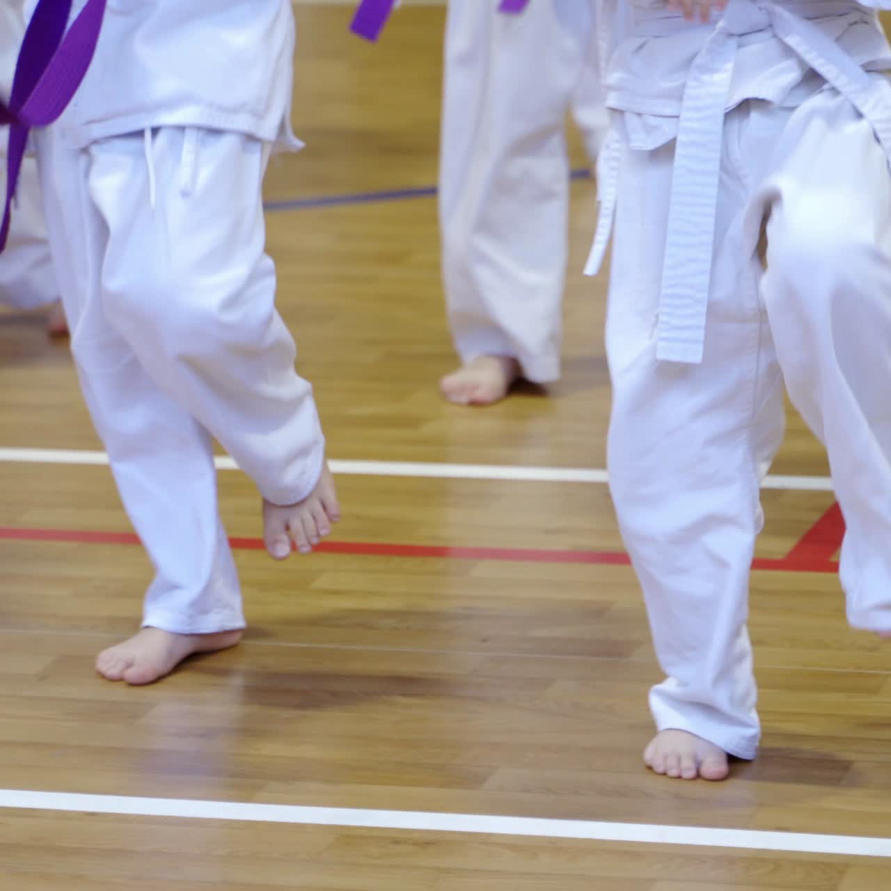 Young boys in white kimonos and purple belts make kicks with their legs. Little trainees watch attentively every master's move
