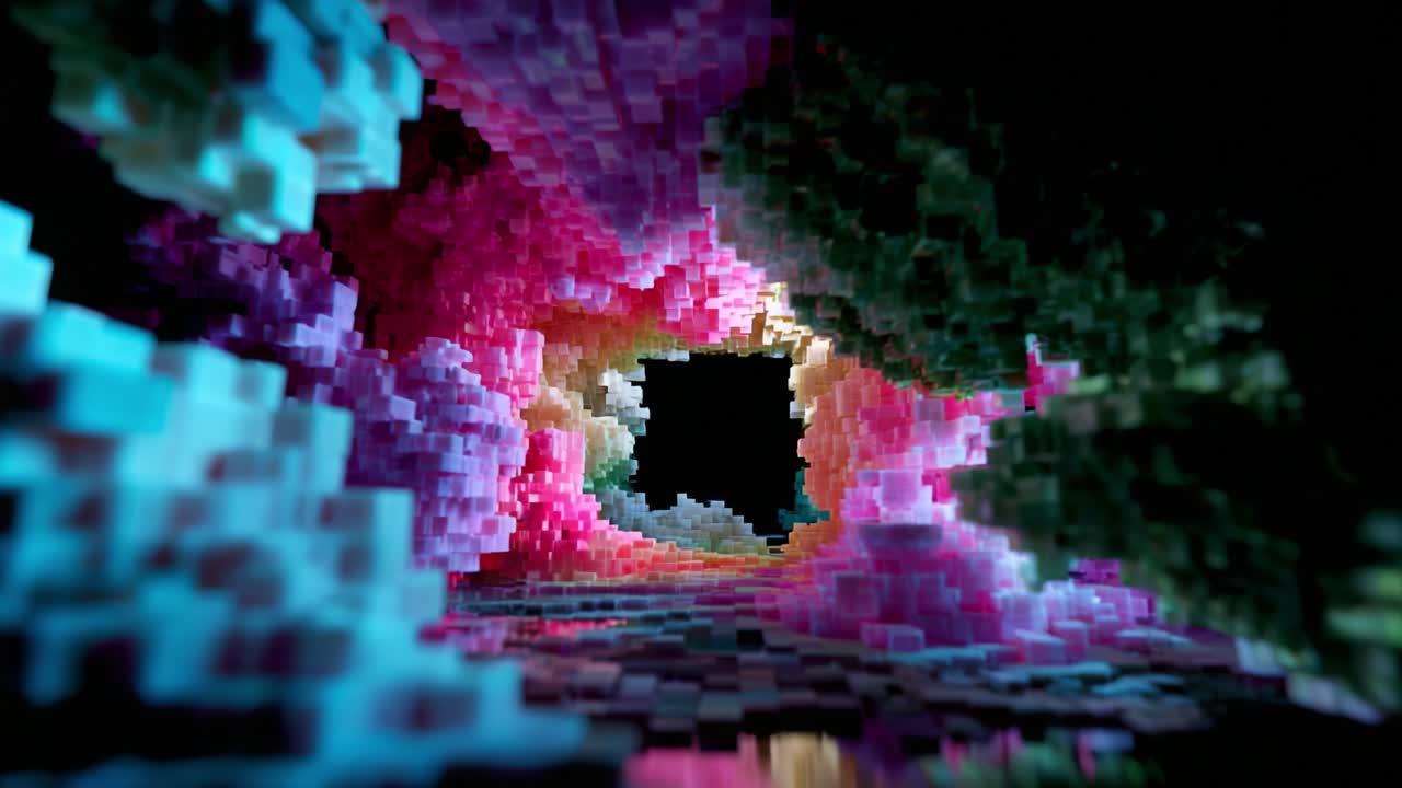 A Vibrant and Mesmerizing Tunnel of Colorful Cubes: Exploring an Abstract Digital Environment Filled with Intricate Patterns and Dynamic Lighting Effects Transforming the Space into a Hypnotic Experience