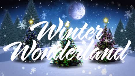 animación de la nieve cayendo y el texto del país de las maravillas de invierno sobre árboles de navidad y paisaje de invierno.