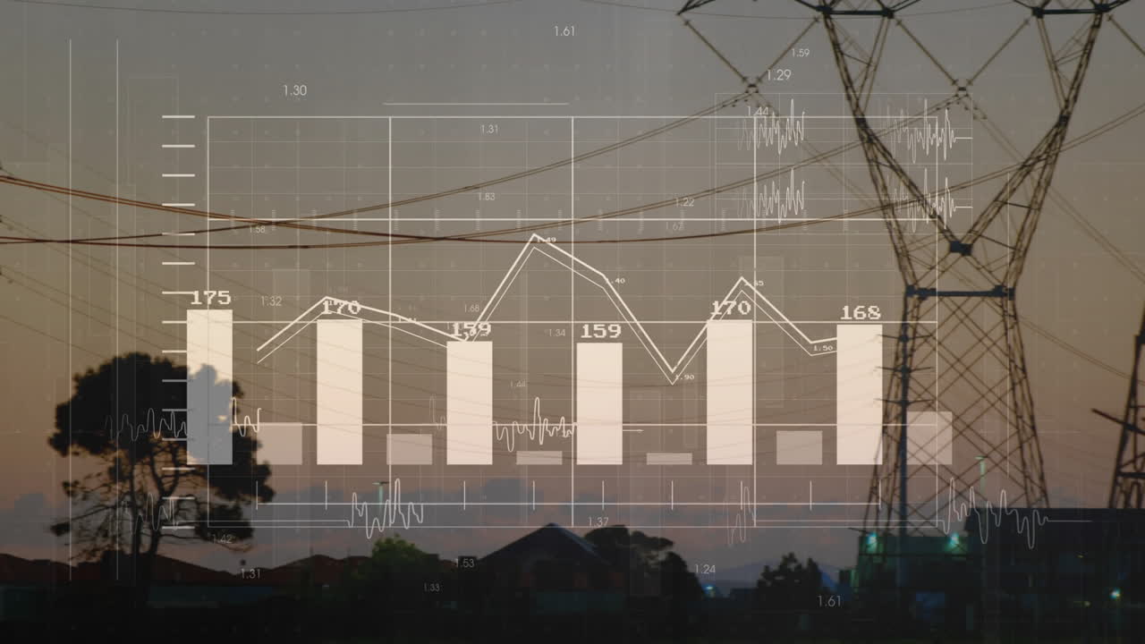 Data visualization projecting over dusk sky, overlaying bar charts, line graphs, transmission tower
