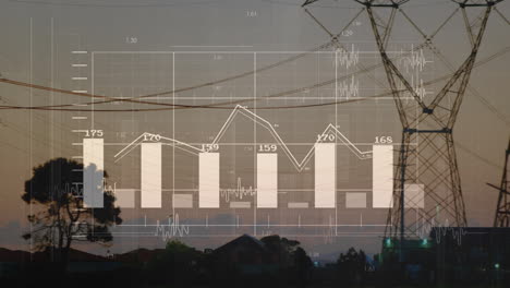 data visualization projecting over dusk sky, overlaying bar charts, line graphs, transmission tower