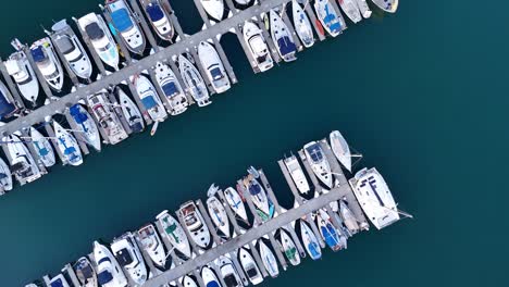 Multiple-boats-docked-neatly-at-Oceanside-Harbor,-California,-aerial-view