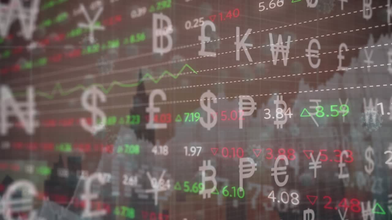Animation of financial data processing and currency symbols over virus cells