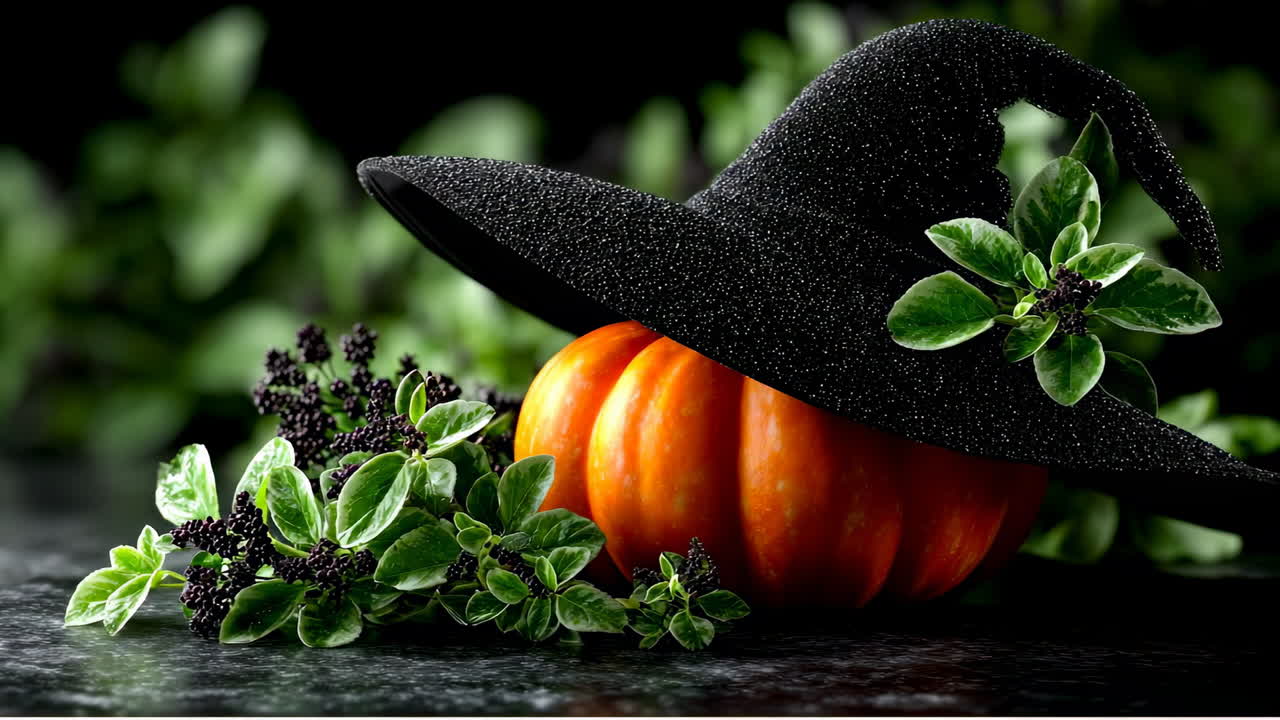 Black witch hat on pumpkin with herbs. A black witch hat sits atop a bright orange pumpkin surrounded by fresh green herbs, creating a festive autumn scene