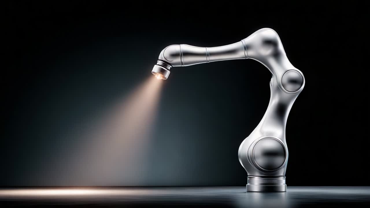 Advanced Robotic Arm in Motion: A Sleek, Silver robotic arm mounted on a dark surface, transitioning between frames, showcasing its modern design and technology with a light beam illuminating the surroundings