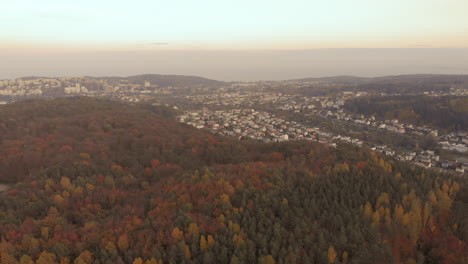 Luftaufnahmen-über-Farbenfrohen-Herbstwäldern-Bei-Sonnenuntergang,-Nahaufnahmen-Von-Orangefarbenen-Und-Grünen-Bäumen,-Orangefarbenem-Himmel-Und-Flüchtigen-Blicken-Auf-Die-Sonne-Am-Horizont