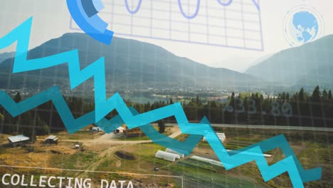 animación de líneas azules y procesamiento de datos sobre el paisaje