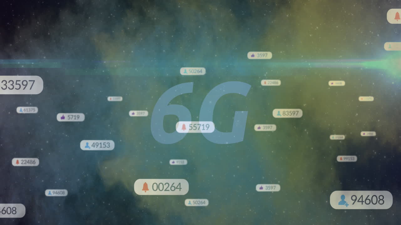 animación de texto de 6g, iconos de redes sociales en pancartas sobre nubes de humo