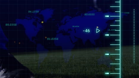 animation of world map and data processing over caucasian man playing football
