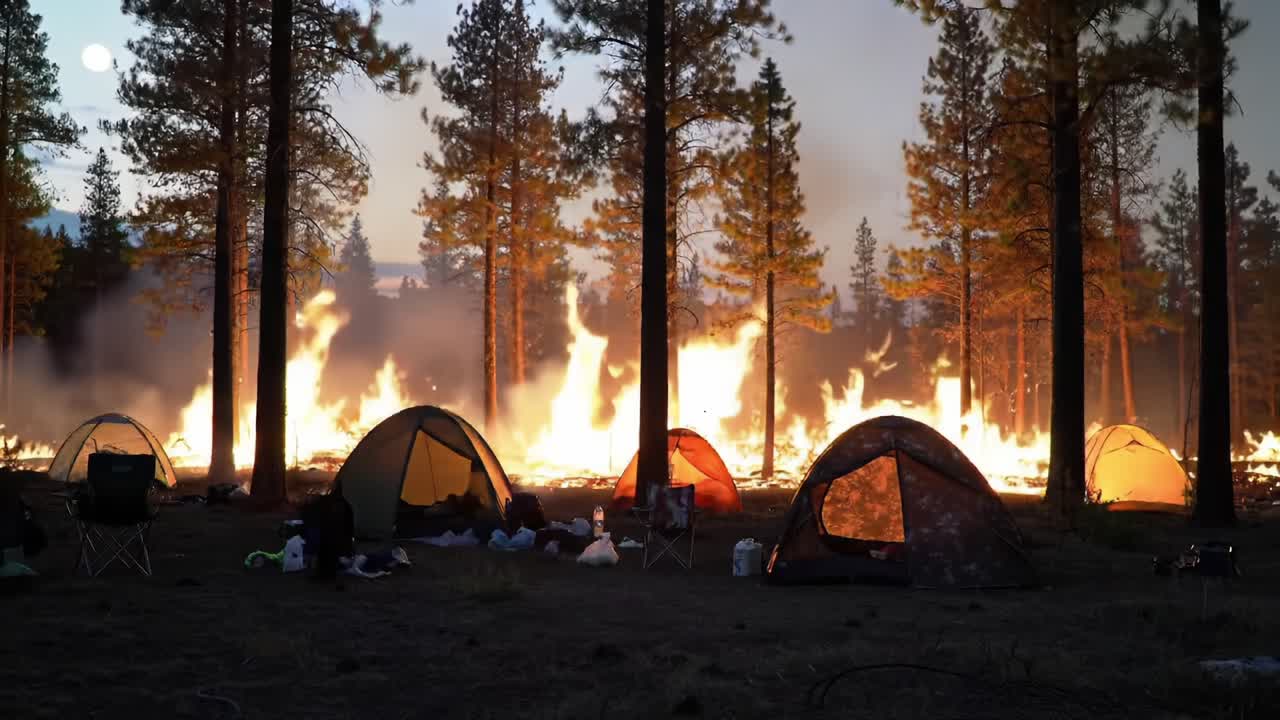 A Dramatic Forest Fire Engulfs a Campsite, Showcasing Tents Amidst Wild Flames and Smoke in a Stunning Natural Landscape