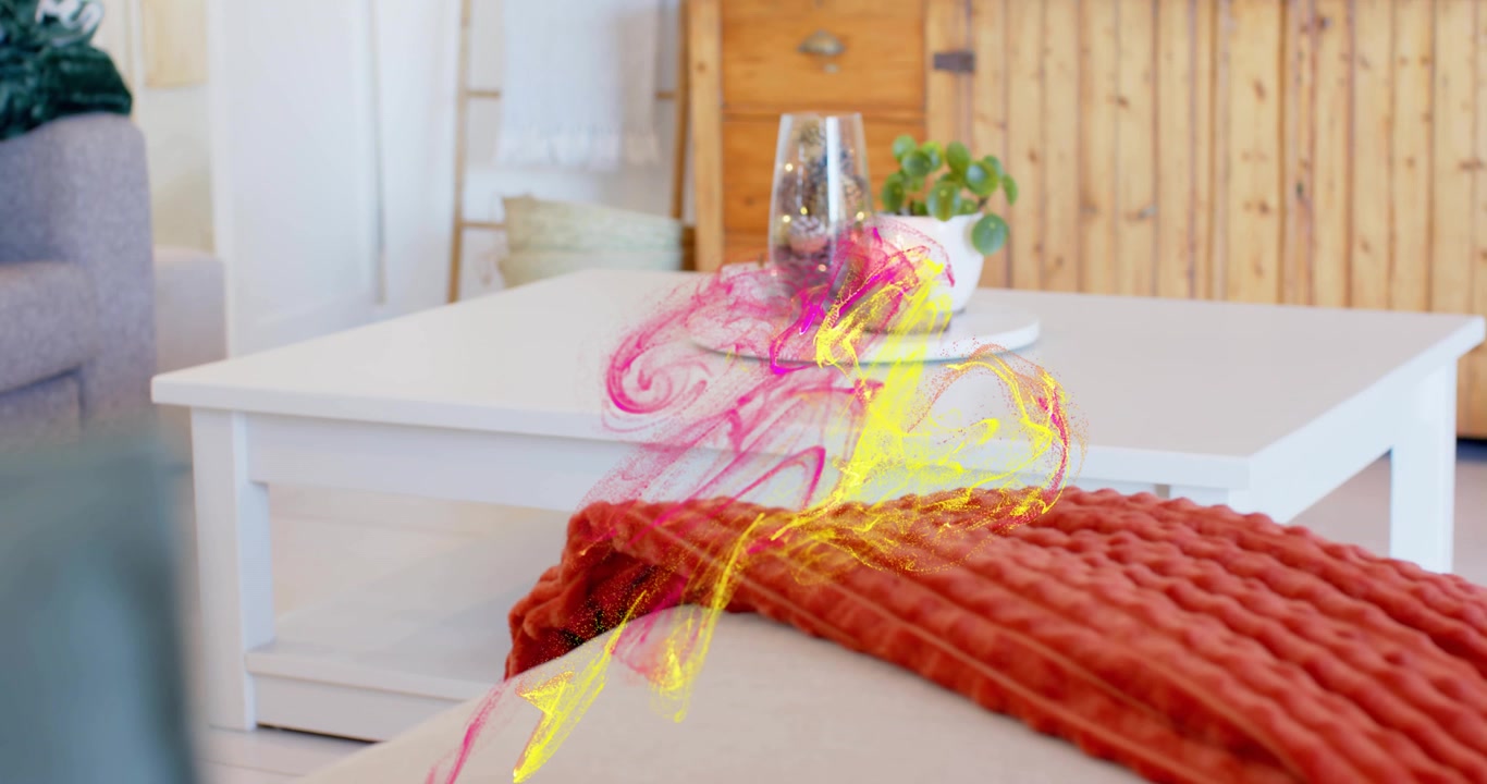 Después de un segundo, volutas de humo de colores emergiendo, una manta arremolinada, flotando sobre una mesa de café, desvaneciéndose