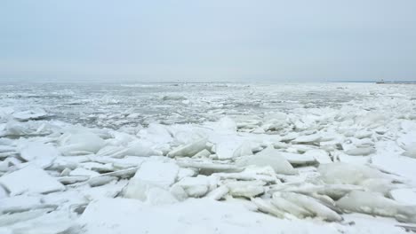 drone volando rápido, bajo y hacia atrás sobre un lago congelado que se está descongelando a fines del invierno, principios de la primavera