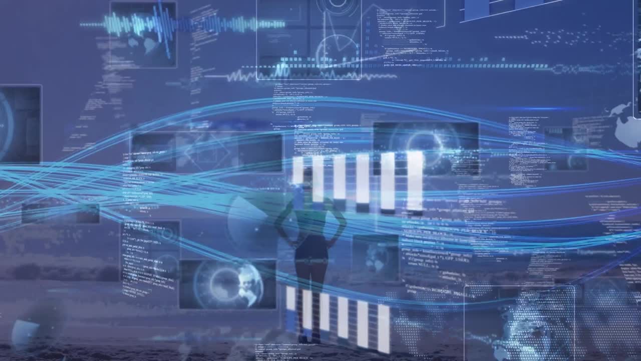 Animation of data processing over woman exercising outdoors