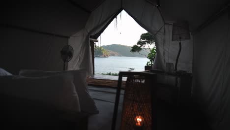 luxury glamping hut with ocean view from the inside