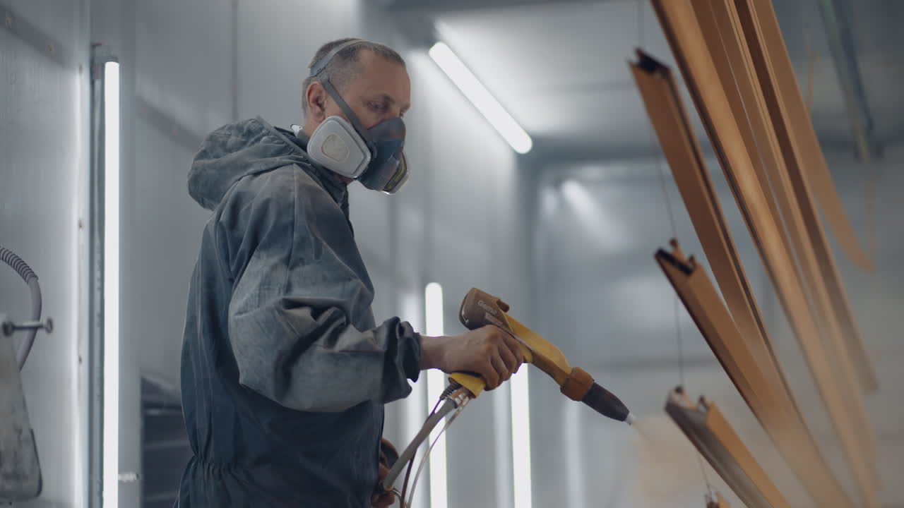A man in a respirator is painting metal with a powder method. Production of steel and metal structures. Painting shop. The painter works with a spray gun paint is applied