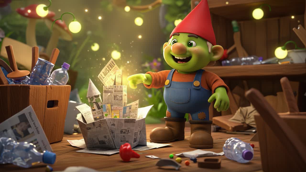 A whimsical gnome character discovers magical sparkles emanating from a cardboard box filled with junk and debris in a cluttered, enchanted environment
