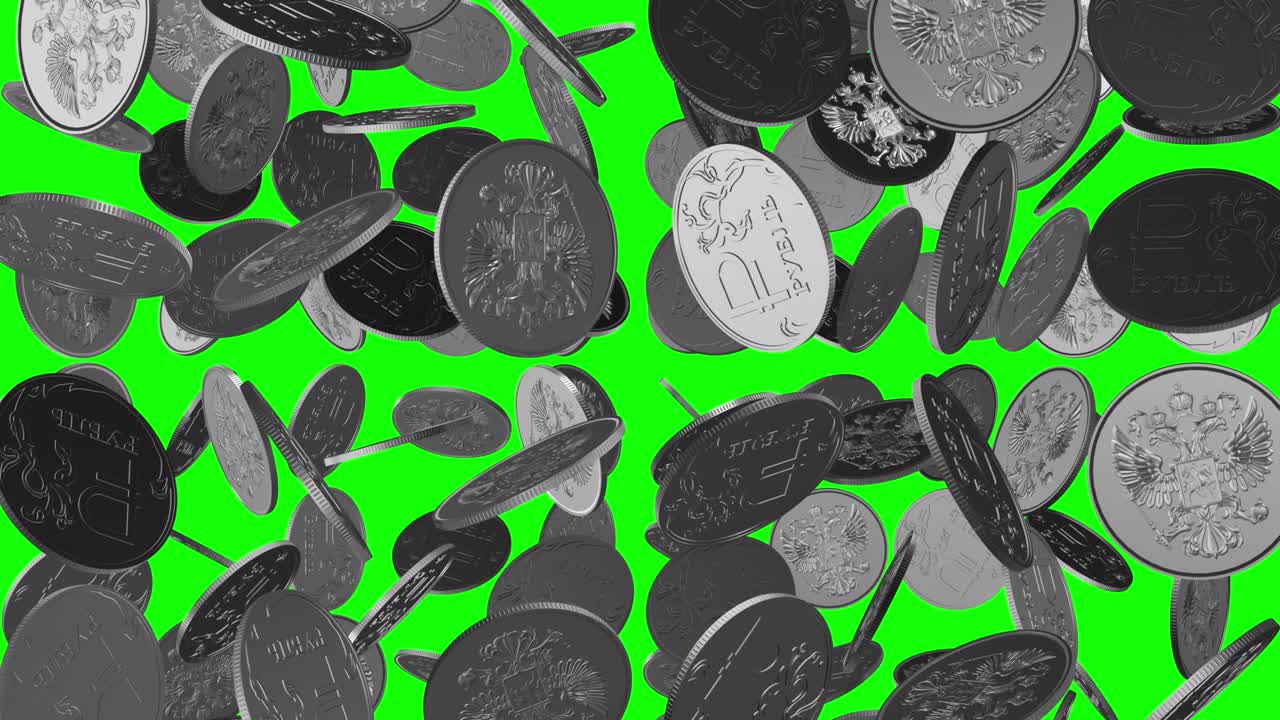 은 동전과 러시아 루블 화폐의 상징은 녹색 배경에서 회전하고 회전합니다.