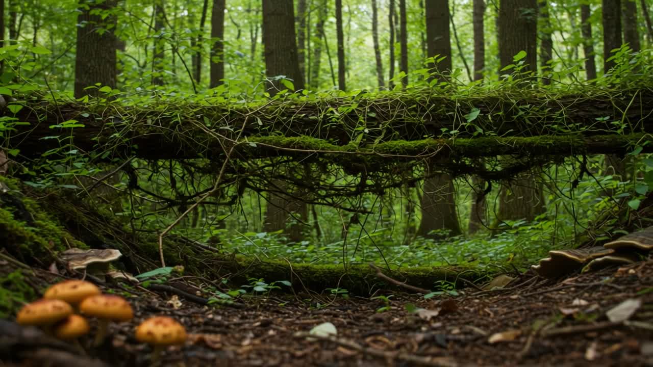 A Tranquil Forest Scene with Lush Greenery and Vibrant Mushrooms Growing on the Forest Floor Beneath a Moss-Covered Log