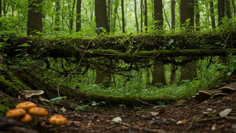 a tranquil forest scene with lush greenery and vibrant mushrooms growing on the forest floor beneath a moss-covered log