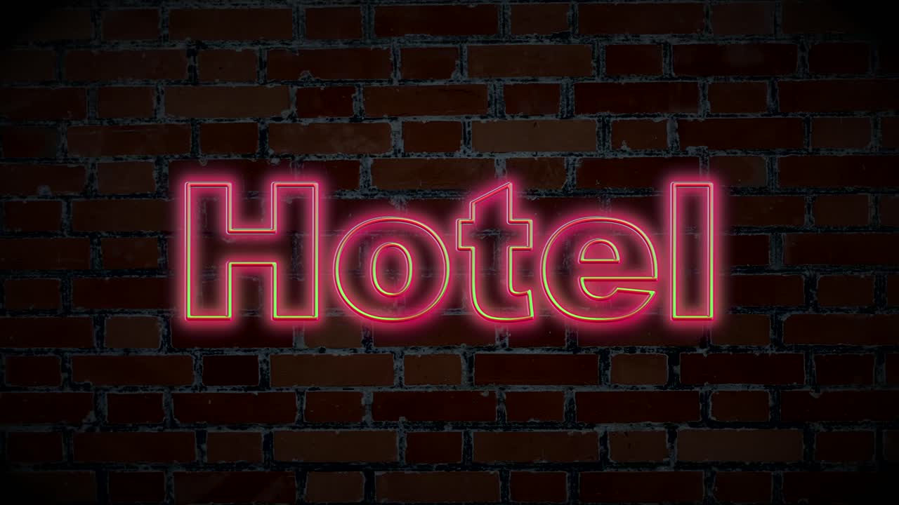 Neon blinking Hotel text sign in front of bricks,entrance,lightning computer texture