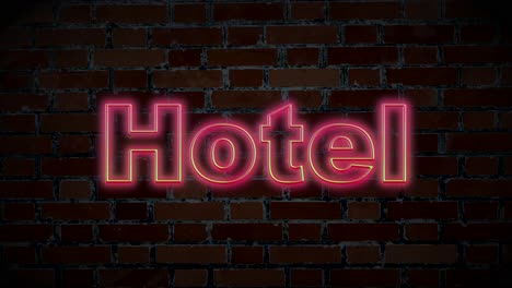 Neon-blinking-Hotel-text-sign-in-front-of-bricks,entrance,lightning-computer-texture